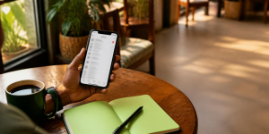 Email marketing service in Nigeria: a business owner's phone showing an inbox with unread emails on a café table